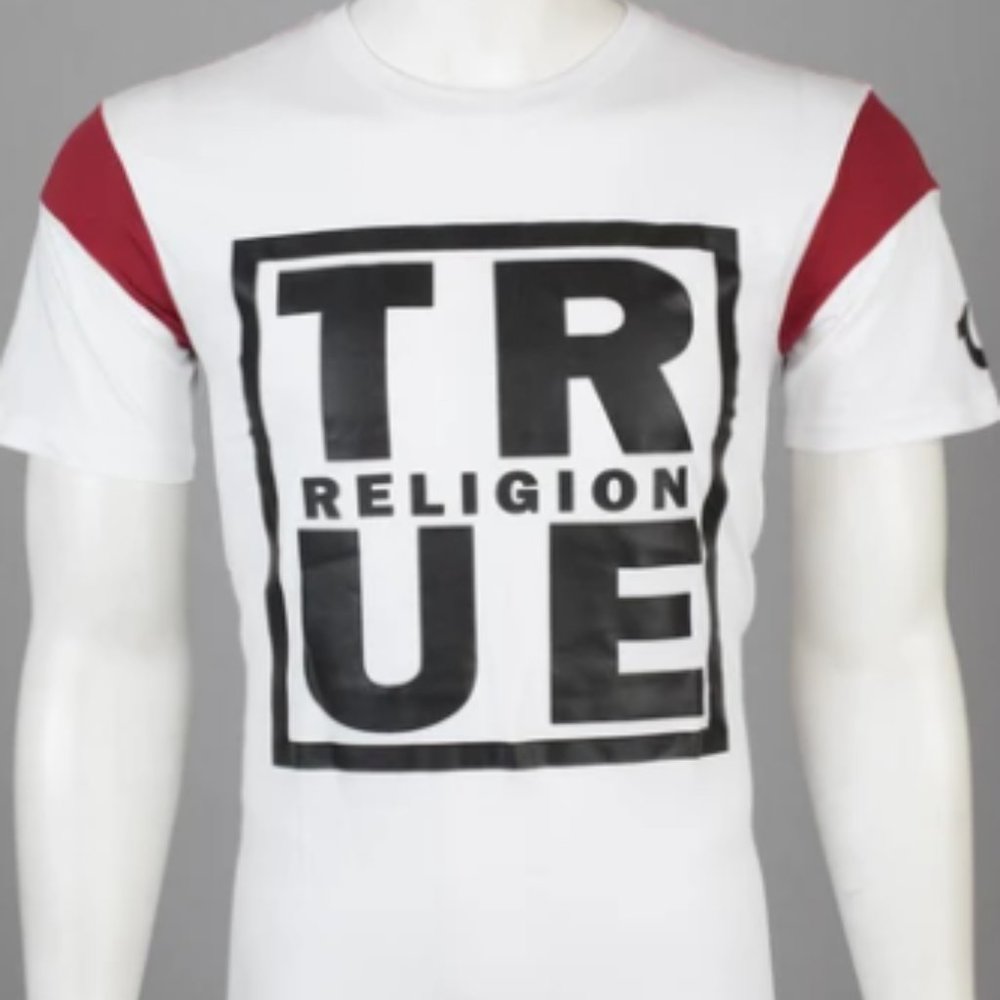TRUE RELIGION Mens Short Sleeve SQUARE FOOTBALL Crewneck T-Shirt (White)